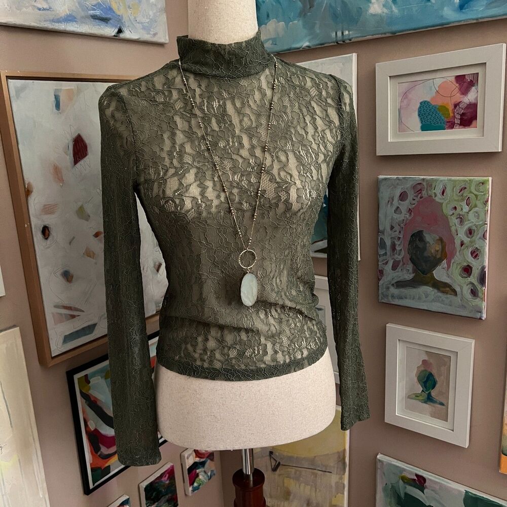 Fairy Y2K Forever 21 Sage‎ Green Sheer Lace Mock Neck Long Sleeve Coquette Top S